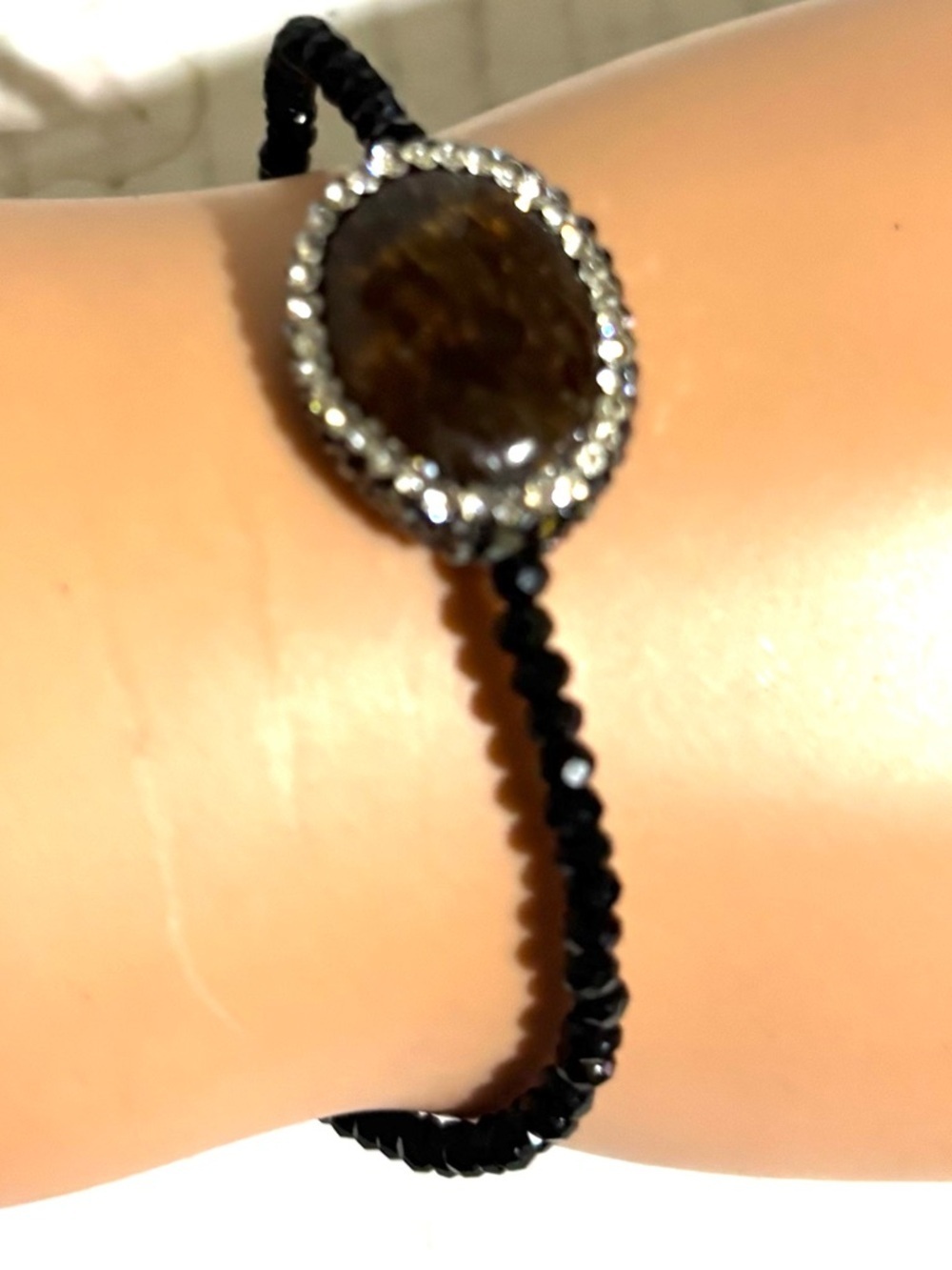 Black Beaded Bracelet with Brown Stone and Crystal Halo